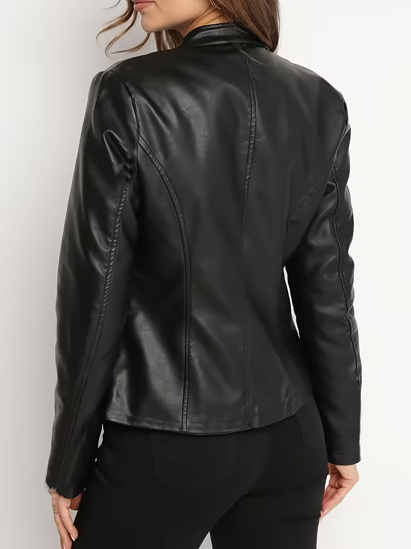 Women’s Black Faux Leather Jacket – Slim Fit Zip-Up