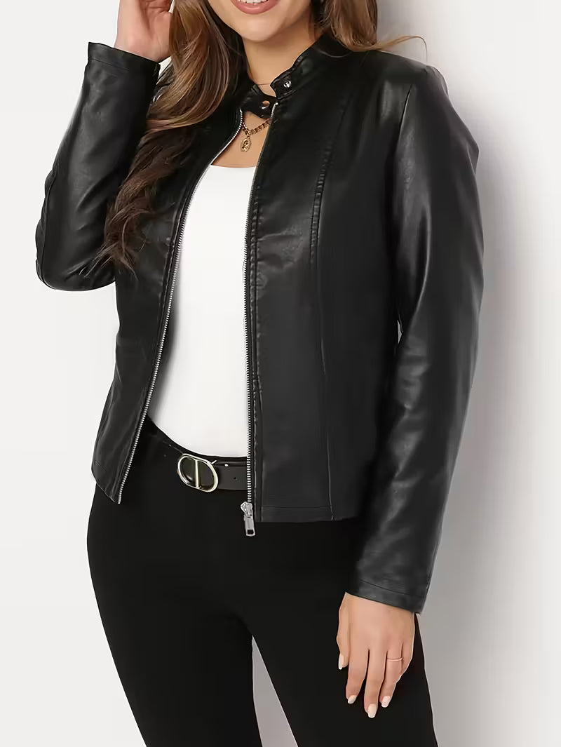 Women’s Black Faux Leather Jacket – Slim Fit Zip-Up